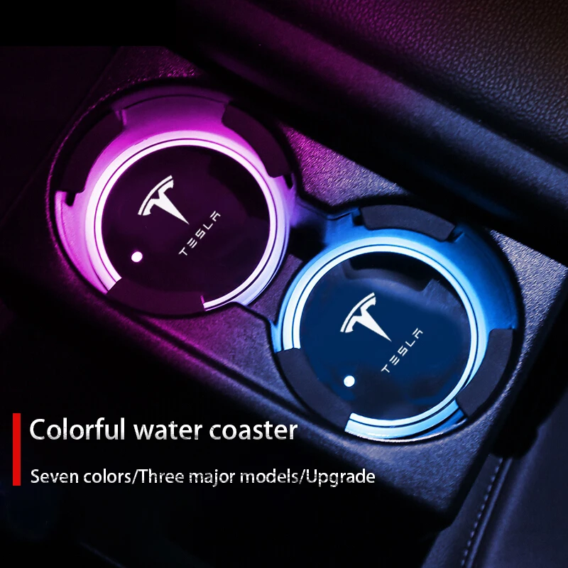 

7 Colorful Intelligent Car Led Water Cup Luminous Coaster Mat Car Atmosphere Light For Tesla Model 3 Y S X Auto Accessories