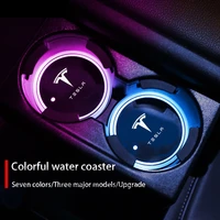 7 colorful intelligent car led water cup luminous coaster mat car atmosphere light for tesla model 3 y s x auto accessories