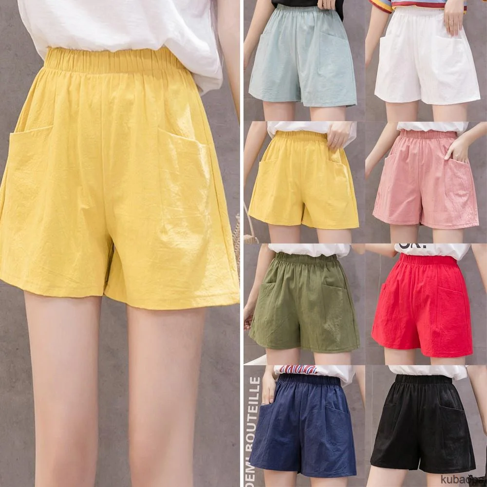 

Cotton and Linen Shorts Women's Solid Color Knee High Waist Sports Shorts Running Jogging Loose Casual Sportswear Plus Size