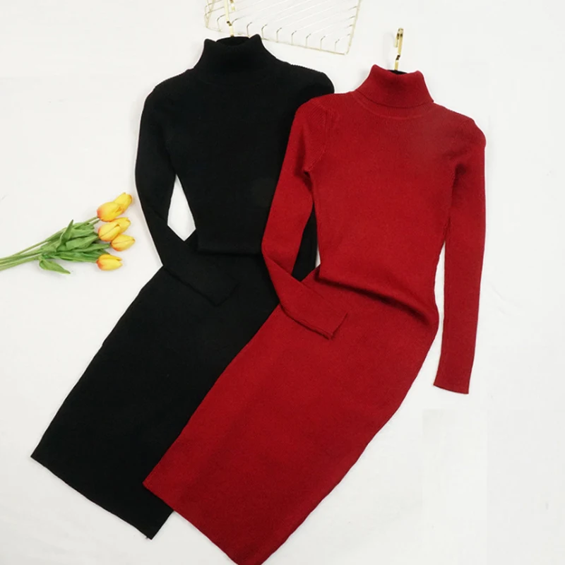

2020 Autumn Winter Women Knitted Dress Turtleneck Sweater Dresses Lady Slim Bodycon Long Sleeve Bottoming Dress Fashion Newstyle