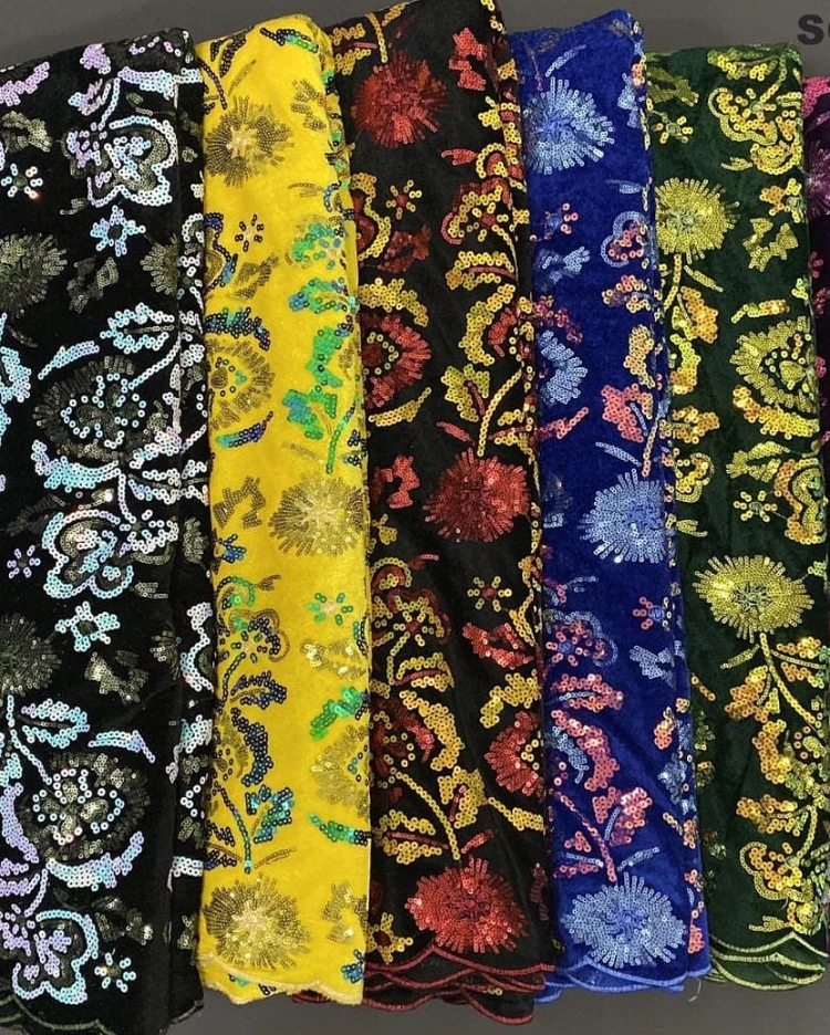 

Most wonderful African velvet lace fabric mysterious pattern with colorful sequins Hot sale velvet fabric 5 yards