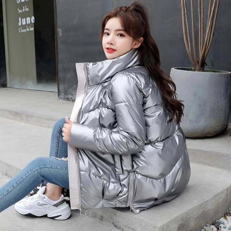 

Nice Pop Winter Women Parka Zipper Warm Outerwear Thick Stand Collar Glossy Short Jacket Casual Vogue Female Down Cotton Coats