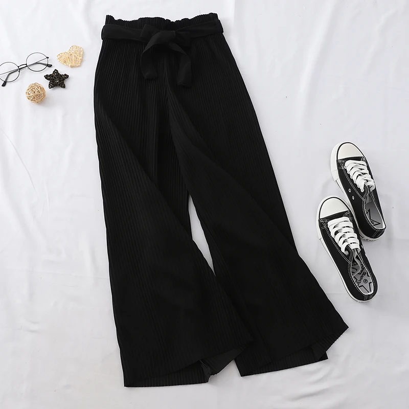 

2020 summer new pleated chiffon women pants high waist soid wide leg ankle leg loose lady elegant pants top quality