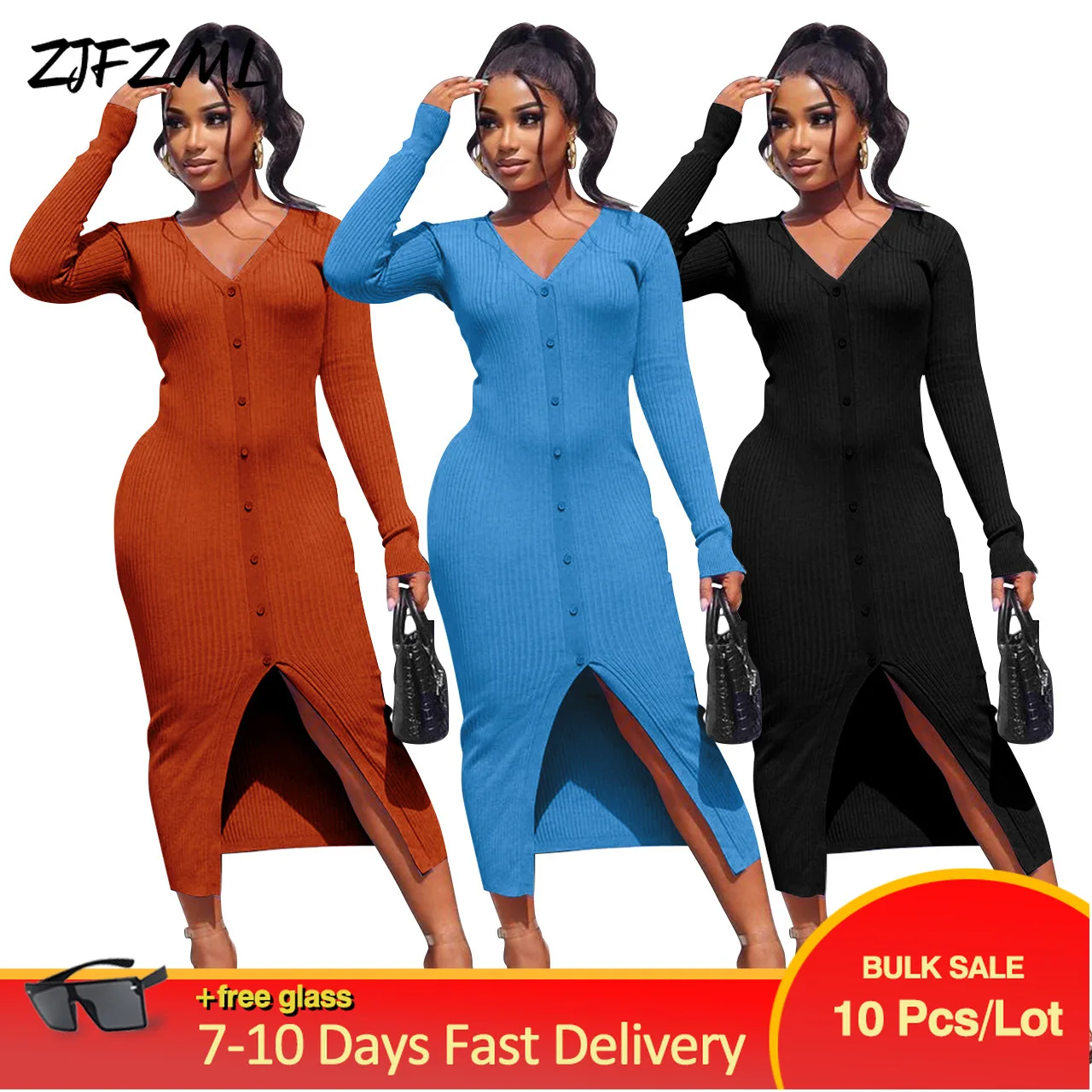

Bulk Items Wholesale Lots Women's Long Party Dresses Fall Winter Rib Knit Buttons Up Vestidos Fashion Long Sleeve Elastic Robe