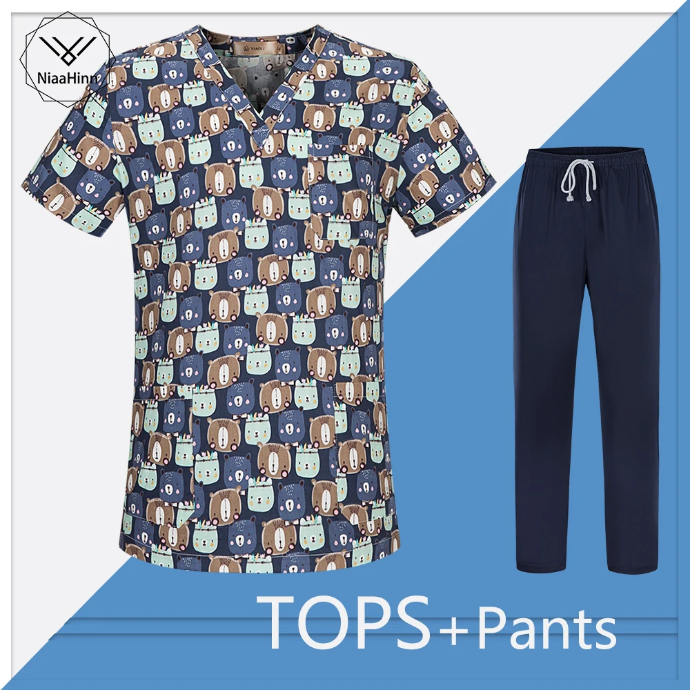 

Cartoon Pattern Tops Blouses for Women Shirt Nursing Working Uniform T-shirts Short Sleeve V-neck Nurse Enfermeria Accesorios
