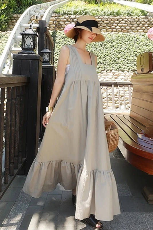 

Vestidos Mujer Special Offer Summer Dress Vacation Long 2020 New Retro Square Collar Sleeveless A- Line Lazy Wind Leisure Woman