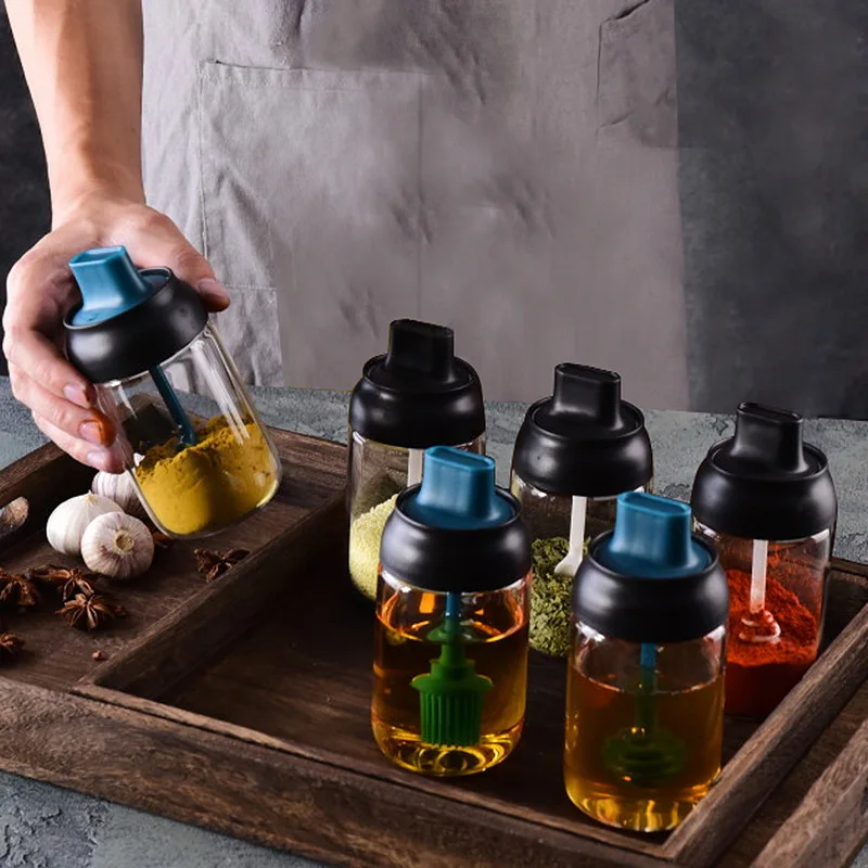 

Kitchen Glass Seasoning Jar Salt Pepper Spice Container Spice Jar Seasoning Box with Spoon Brush Oil Honey Glass Storage Bottle