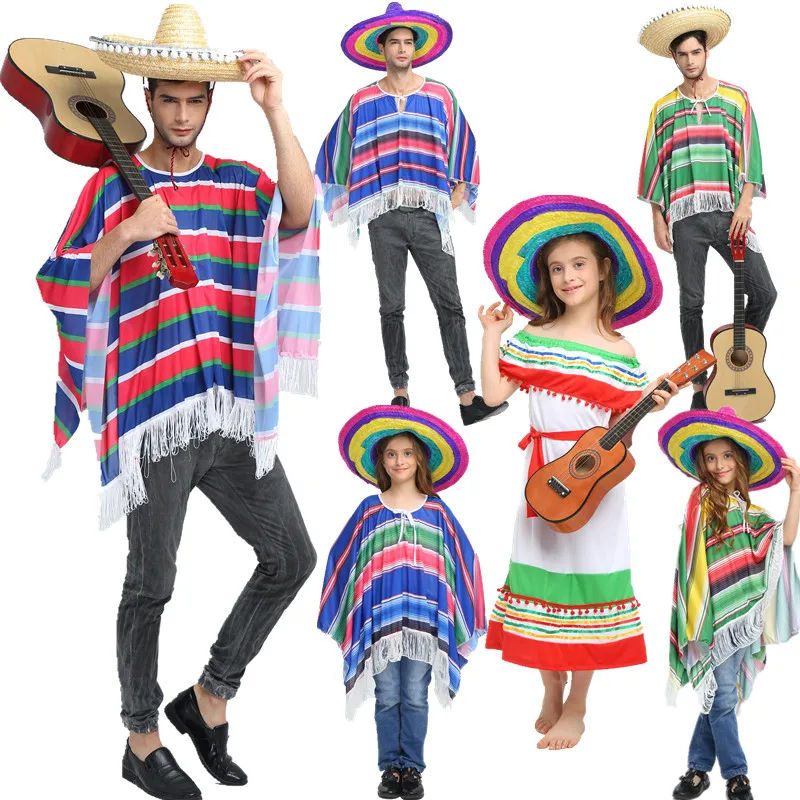 Halloween Adults Kids children stripe Mexico dress costume Cloak cape straw hat for women men performance costumes Mexican suit |