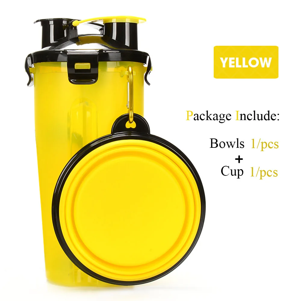 yellow wIth 1 bowl Портативная 2 в 1 ПЭТ бутылка для воды контейнер для еды со складной силиконовой миской для домашних животных уличная дорожная кормушка для кошек и собак чашка - Цвет: yellow wIth 1 bowl