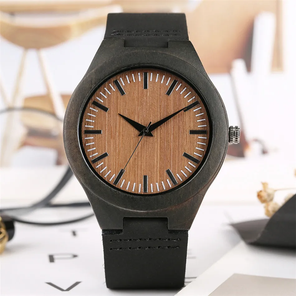 

Coffee Brown Dial Quartz Men Watch Ebony Wood Watch Case Black Analog Minimalist Male Genuine Leather Wrist Watches Gift Clock