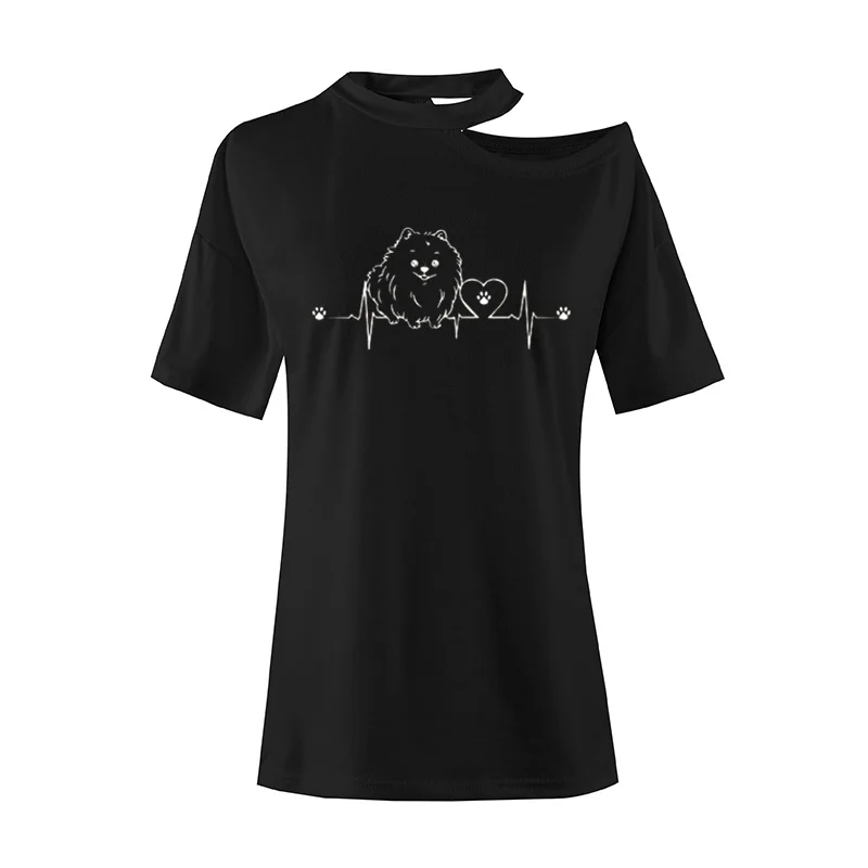 

Pomeranian T Shirt Women Short Sleeve Casual Cute Heartbeat Dog Girls Woman TShirt Irregular Sexy Off Shoulders O-Neck Tops Tee