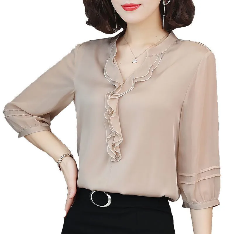 

DF3732 Ruffles Chiffon Tops Casual Summer Shirts Lantern Decor Spring Style V-Neck Sleeve Blusas Women Lady Half Blouses Style C