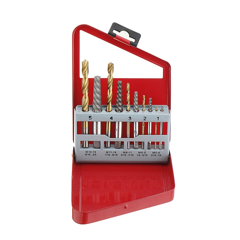 

5Pcs Cobalt Left Hand Twist Drill Bit set and 5pcs Broken Bolt Damaged alloy steel Screw Extractor Set with The metal case