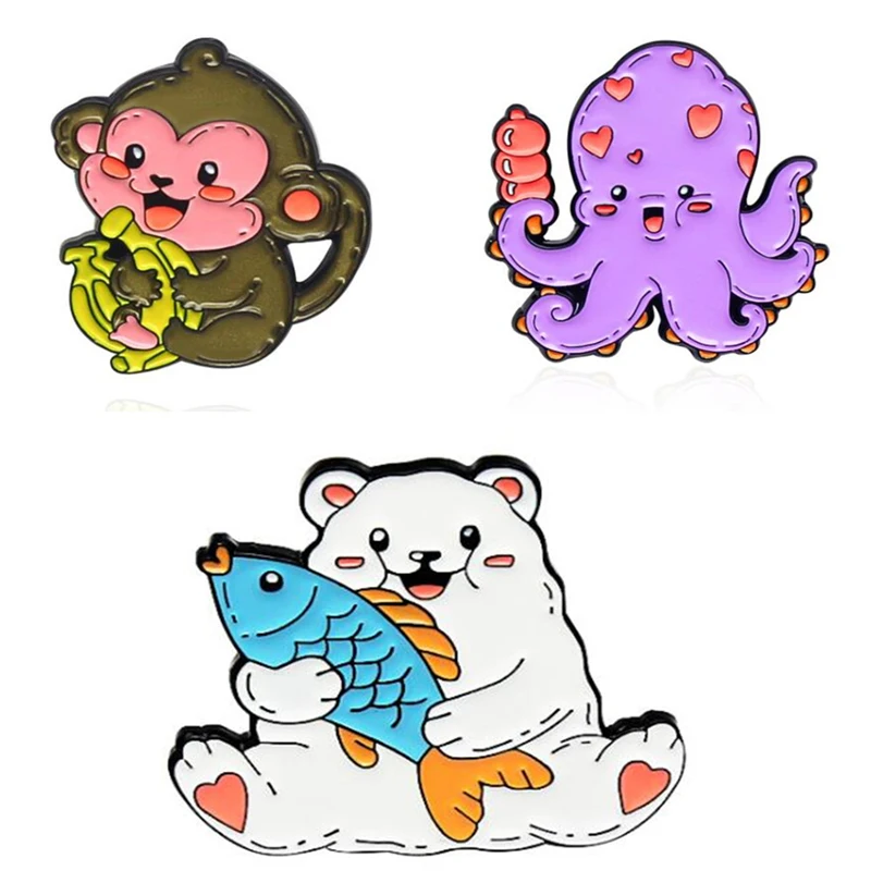 

Octopus And Polar Bear Lapel Pins Fashion Cartoons Anime Badges Women's Enamel Brooches On Backpack Decorative Brooch Hijab Pins