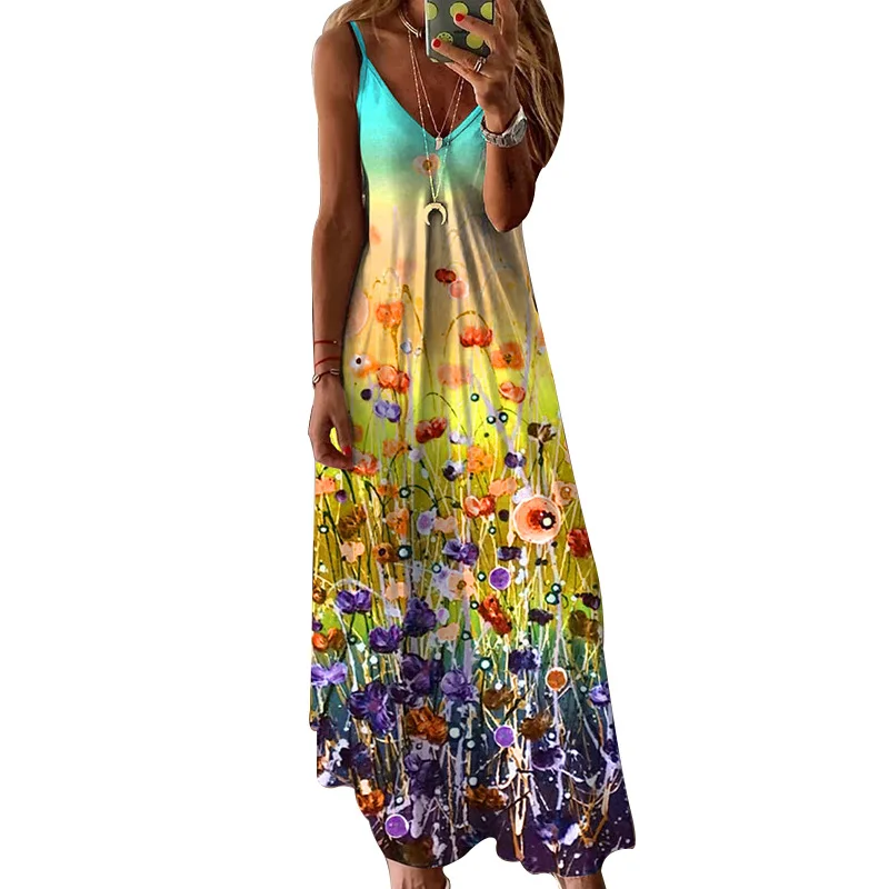 

Women Summer New Sleeveless Spaghetti Strap Contrast Color Loose Floral Flower Print Long Dress FD253