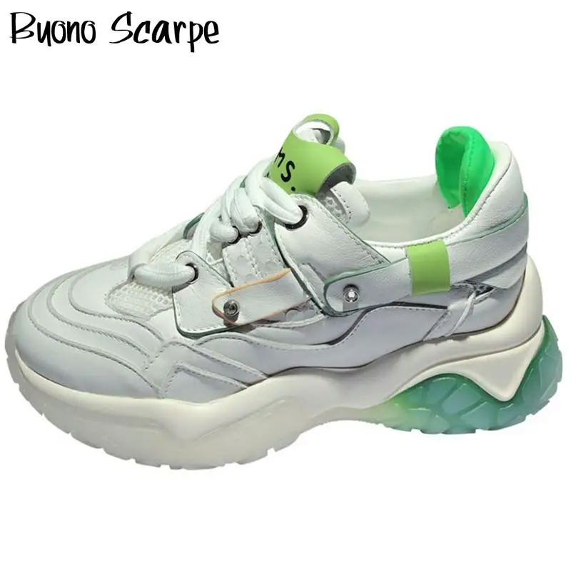 

Genuine Leather Casual Women Sneakers Laces Crystal Tenis Shoes Round Toe Mesh Sneakers High Quality Comfort Platform Flat Shoes