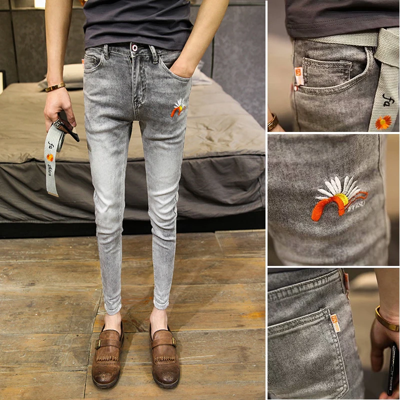 

Embroidered Denim jeans men's trendy brand slim-fit feet pants male handsome spirit guy light-colored casual teenager pants