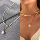 Ожерелье многослойное женское с жемчугом, чокер в богемном стиле с декором звезды, месяца, геометрической формы, колье золотистое