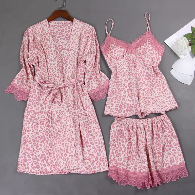 

Для женщин Пижамный костюм Атлас пикантная обувь с леопардовым принтом, одежда для сна, Повседневное комплект из 3 предметов, комплект одежд...