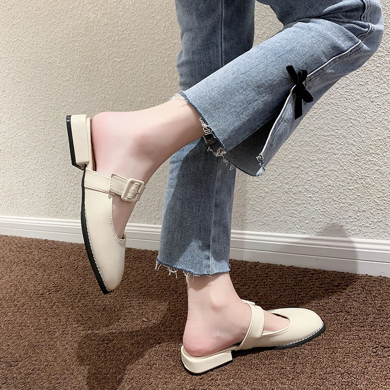 

Female Shoes Womens Slippers Outdoor Cover Toe Low Loafers Slides Fashion 2021 Summer Soft Luxury Flat PU Hoof Heels