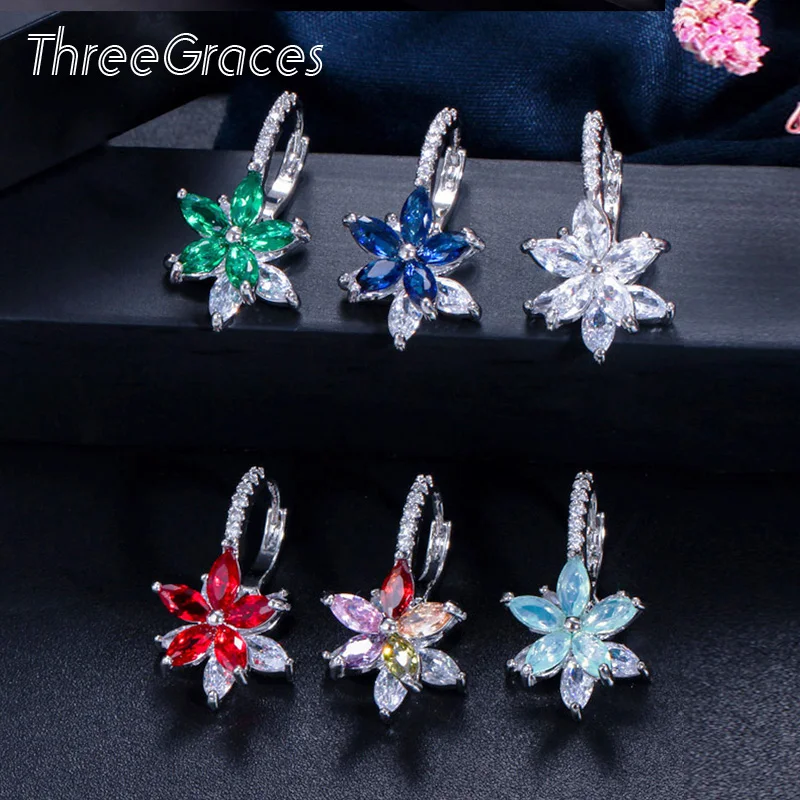 ThreeGraces Модные Разноцветные зеленые розовые красные кубические циркониевые хрустальные вечерние серьги-гвоздики с огранкой маркиза с милым цветком для женщин ER311