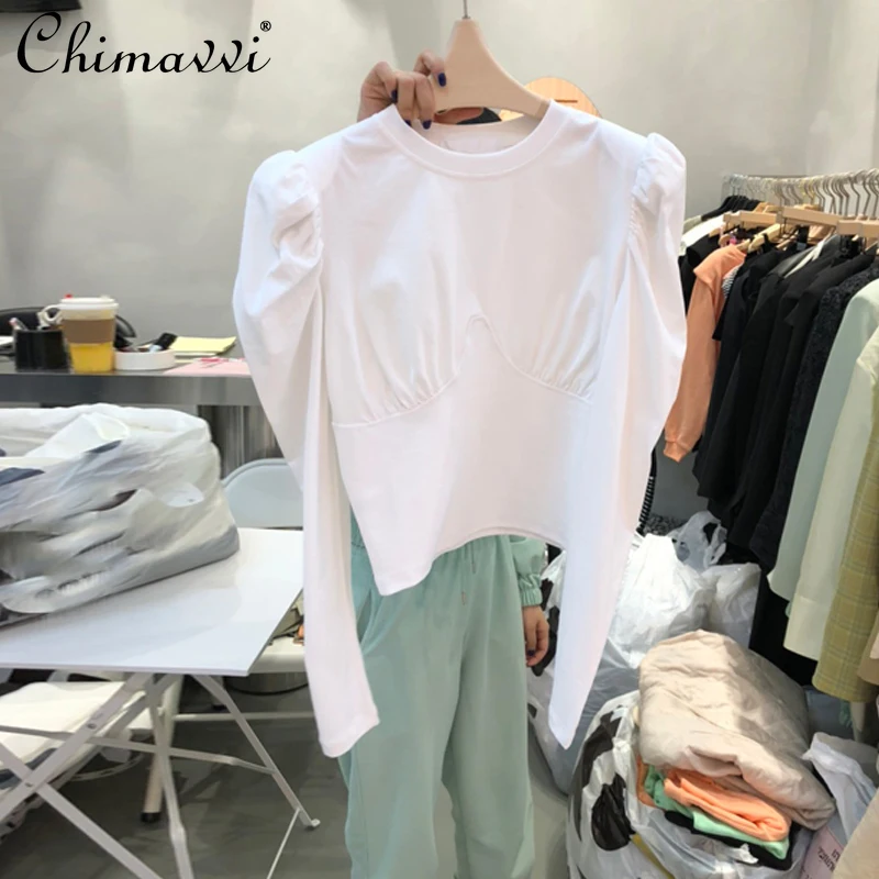 

2021 Spring Slim Puff Sleeve Pleated T Shirt Women Long Sleeve White Casual Korean T Shirt Femalevcotton Bottoming Short Top