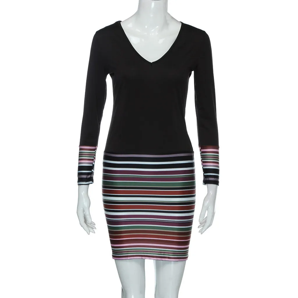 

Striped Long-Sleeved Dress V-Neck Casual Mini Dresses Ladies Autumn Winter Slim Vestido De Mujer Sexy A-Line Robes Femme Outfits