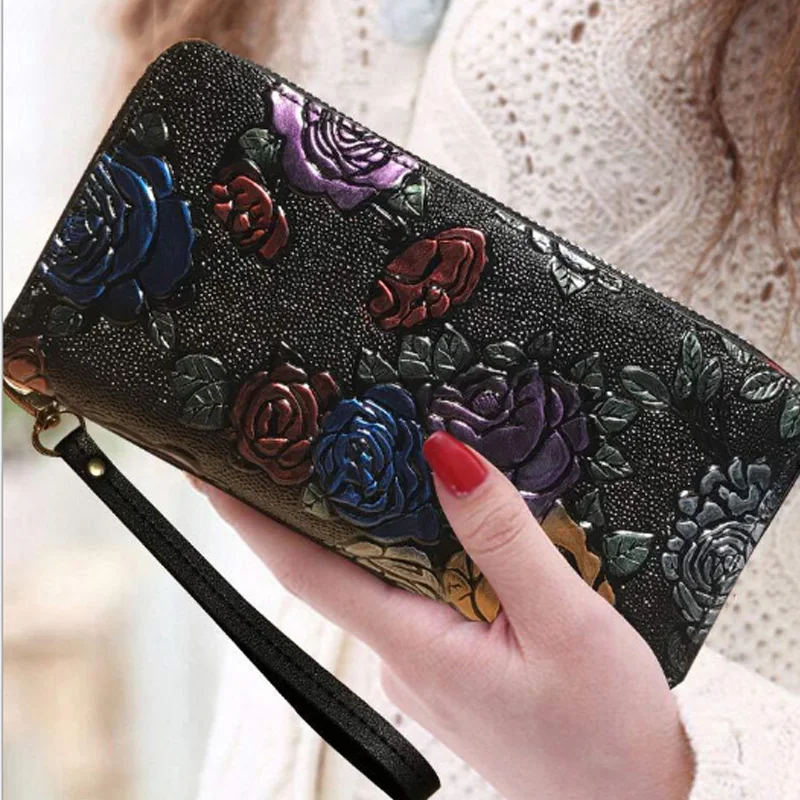 Длинные женские кожаные сумки на молнии с 3D тиснением розы стрекозы бабочки