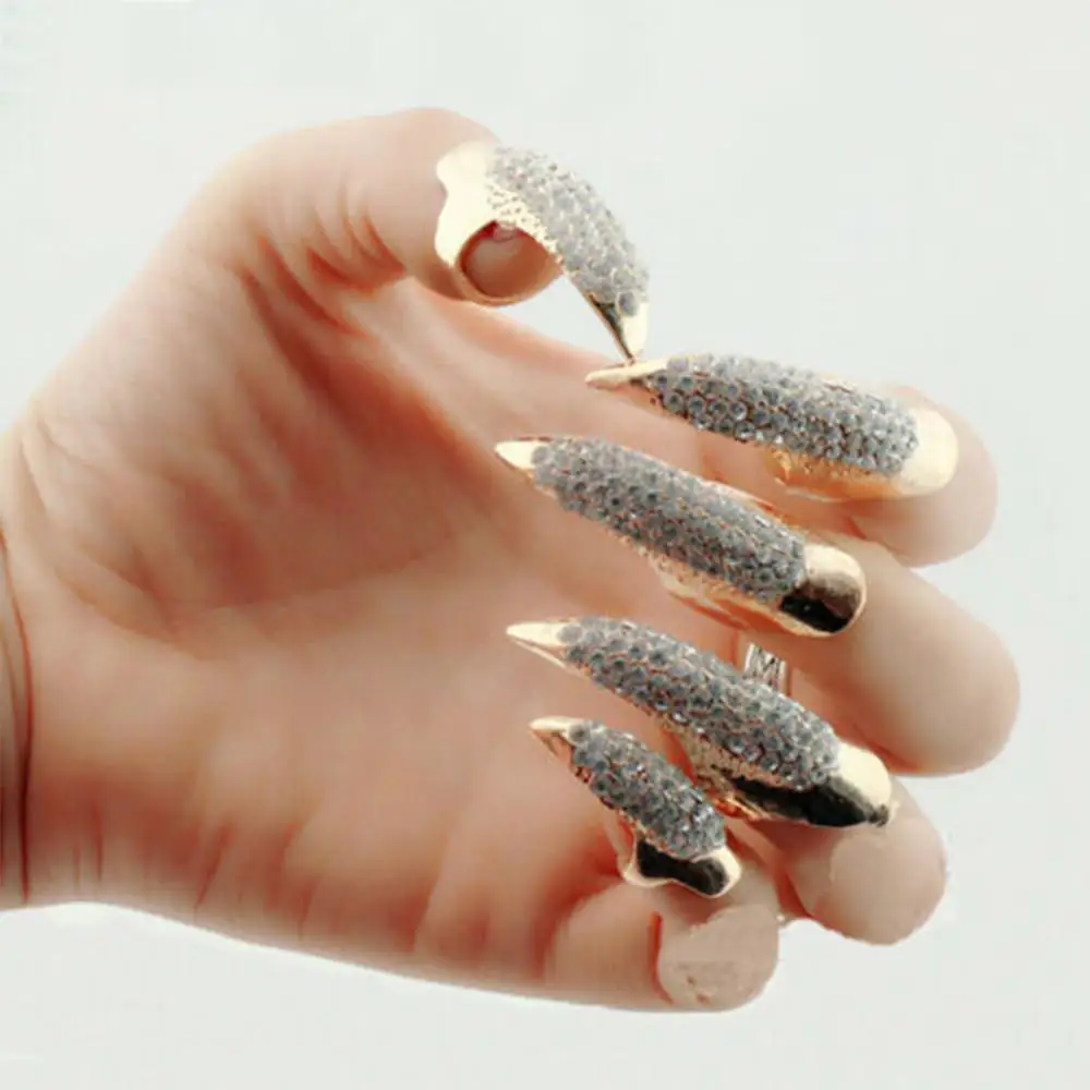 

5pcs Gothic Punk Metal Eagle Claw Crystal Rhinestone Finger Tip Nail Rings Set