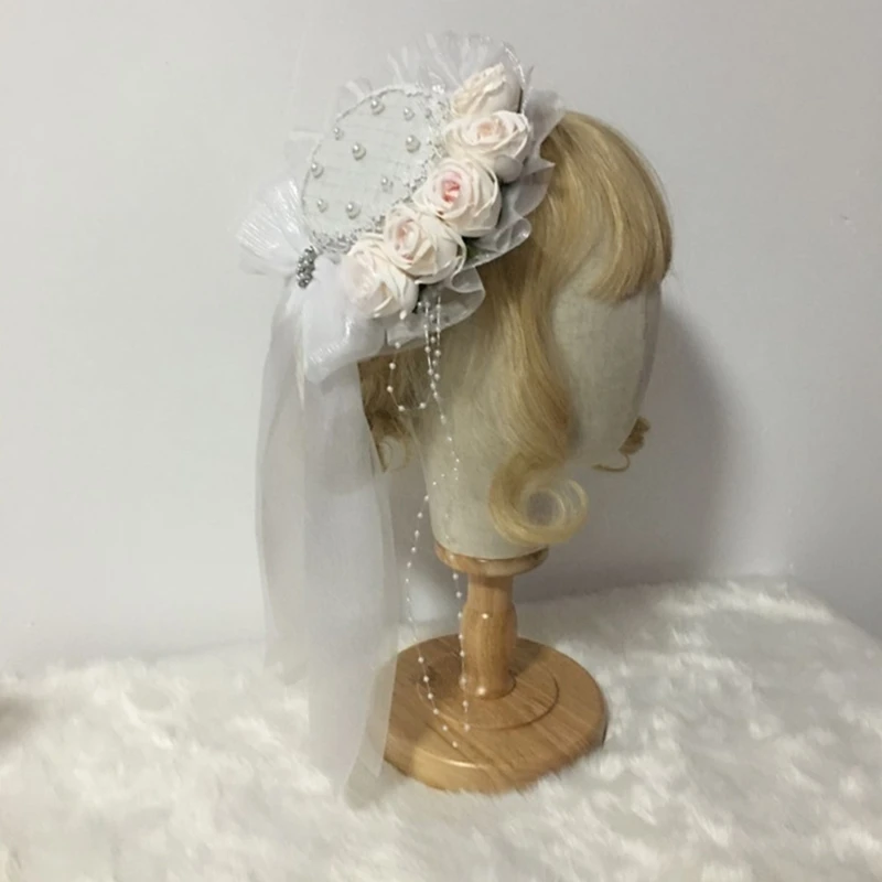 

Sweet Lolita Imitation Pearl Beaded Mini Lace Top Hat with Rose Flower Ribbon Bowknot Kawaii Headdress Vintage Cosplay Hair