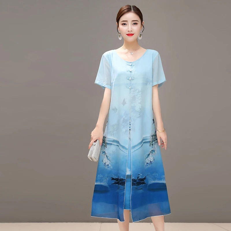 Женское платье с коротким рукавом и круглым вырезом цветочным принтом | Женская