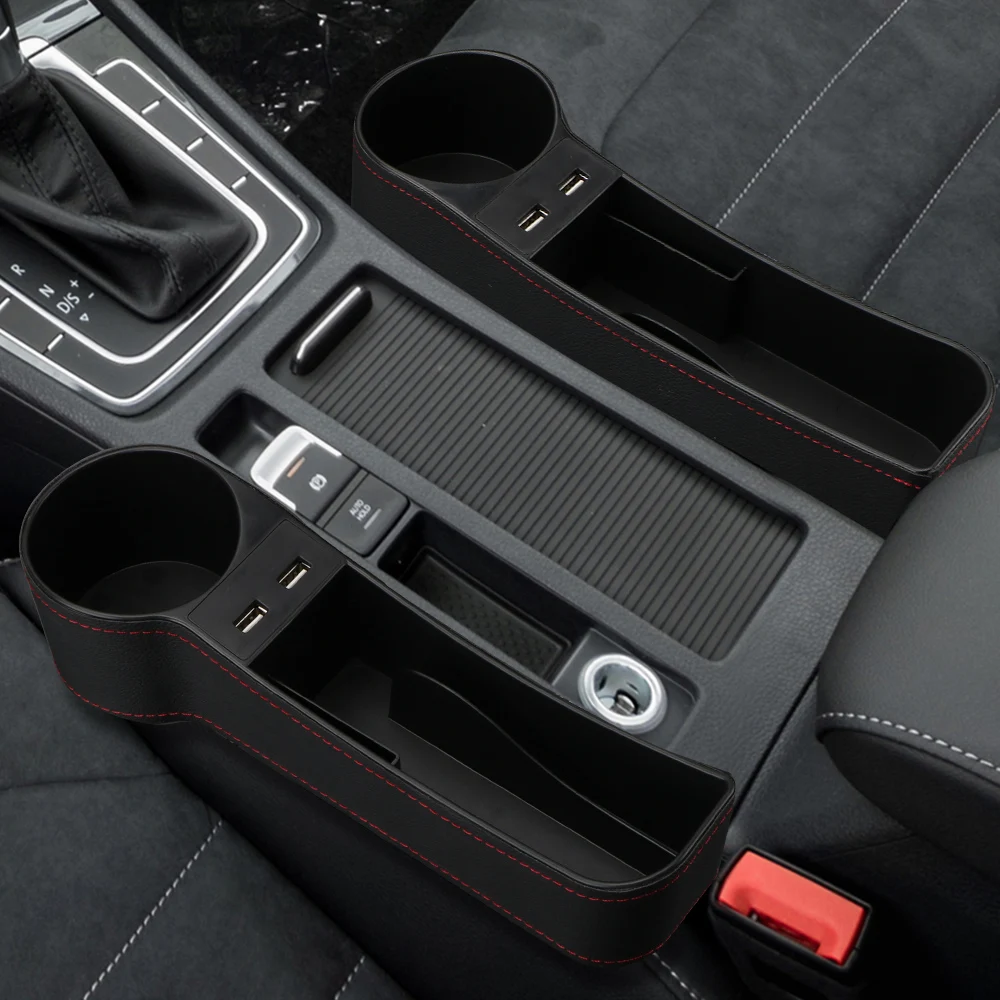 

LEEPEE Seat Gap Slit Box Car Organizer Phone Bottle Cups Holder Box Leather Car Seat Gap Storage Box Dual USB Charger