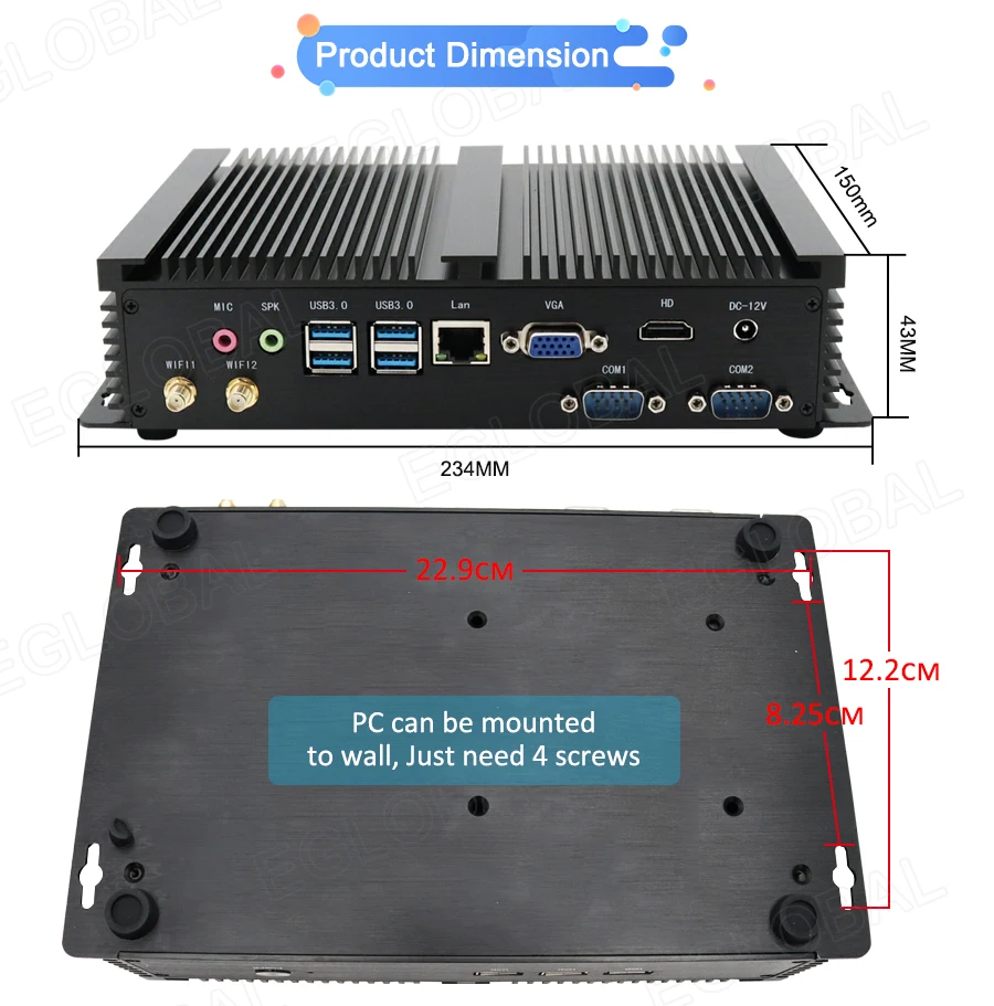 Безвентиляторный промышленный мини ПК X86 телефон 7*24 рабочий 2 * RS232 HDMI VGA 1 Lan 7 USB WiFi