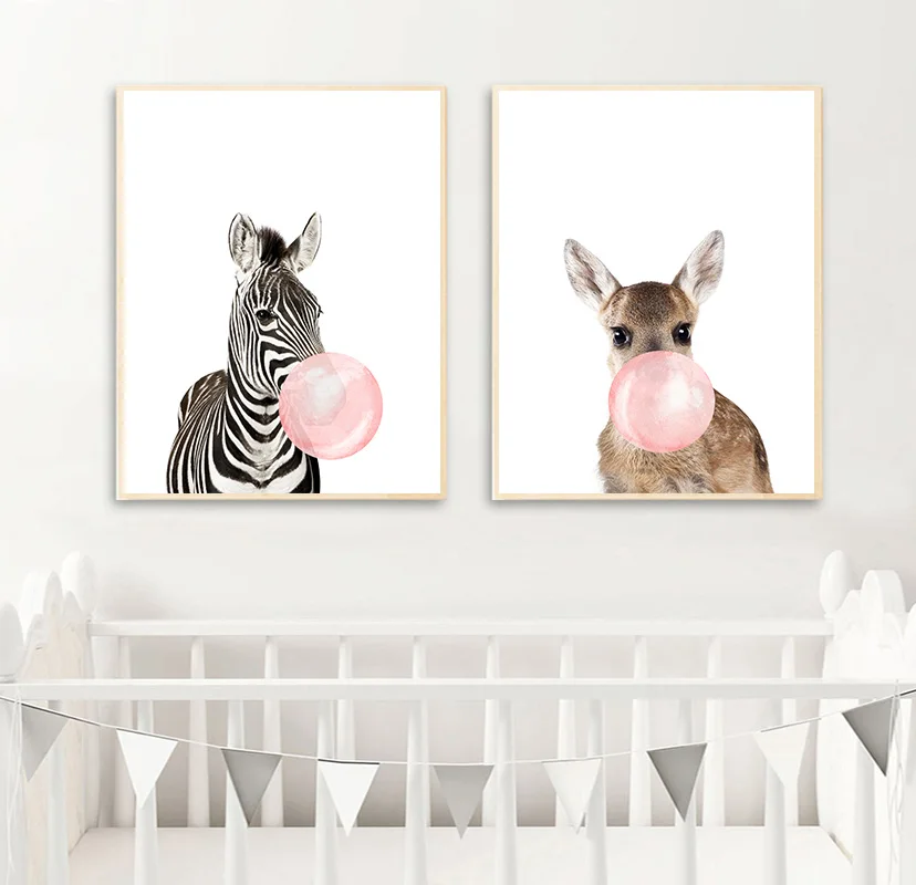 

Pink Bubble Zebra Giraffe Child Poster Animal Wall Art Canvas Nursery Print Painting Nordic Kids Baby Room Decoration Picture