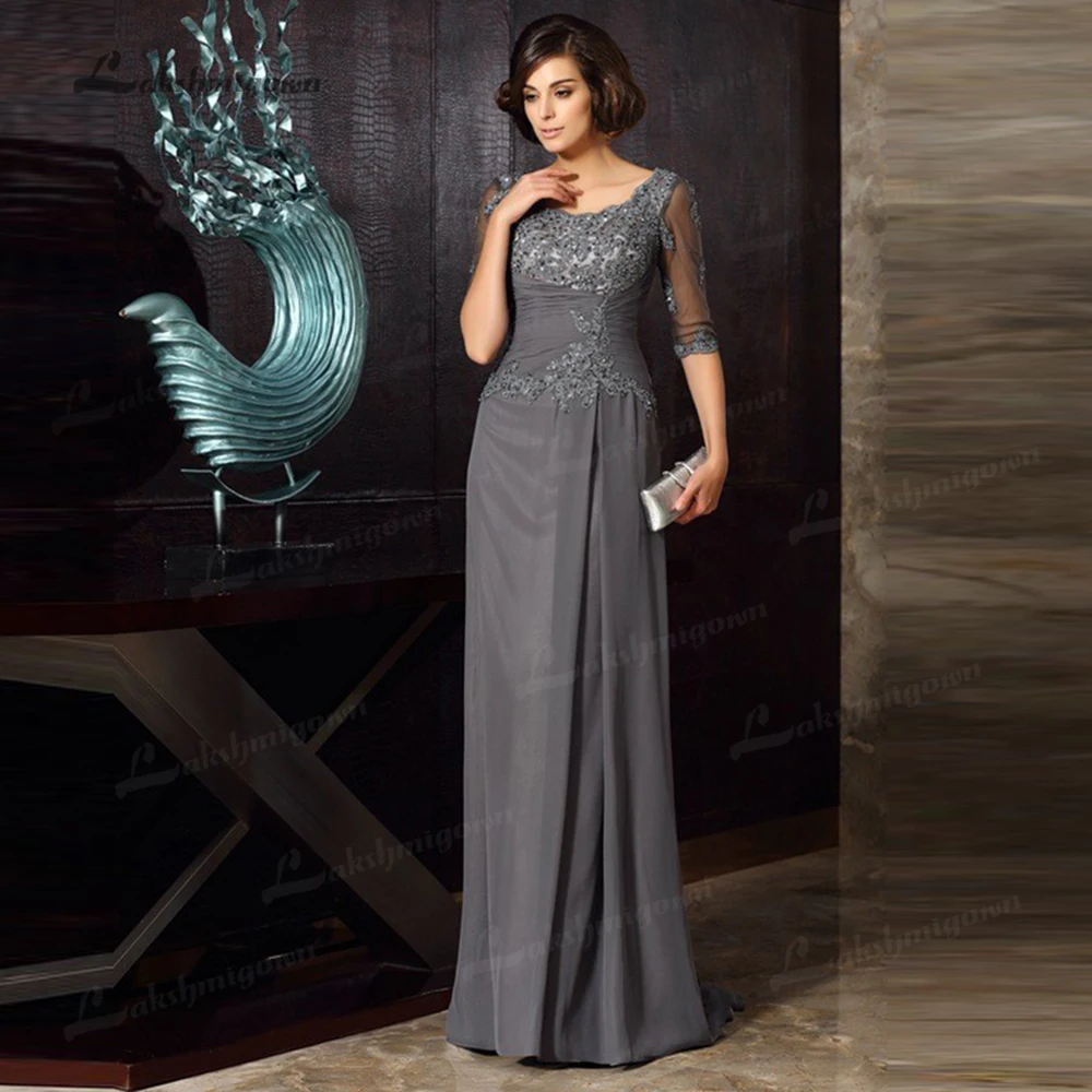 

Elegant Gray Lace Applique Long Mother of the Bride Dresses Jewel Neck Beaded With Half Sleeves Wedding Guest Dress Back Out