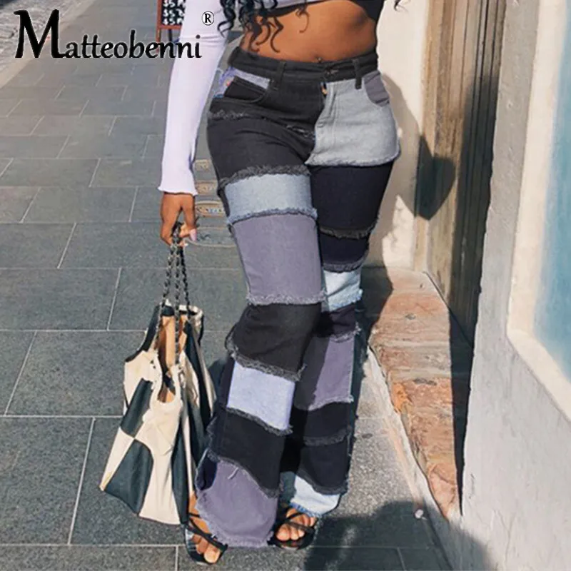 

Fashion Plaid Spliced Tassel Women Jeans Pants 2021 Autumn Winter Slim Straight Denim Pants Sexy Zip Button Pocket Jean Trousers
