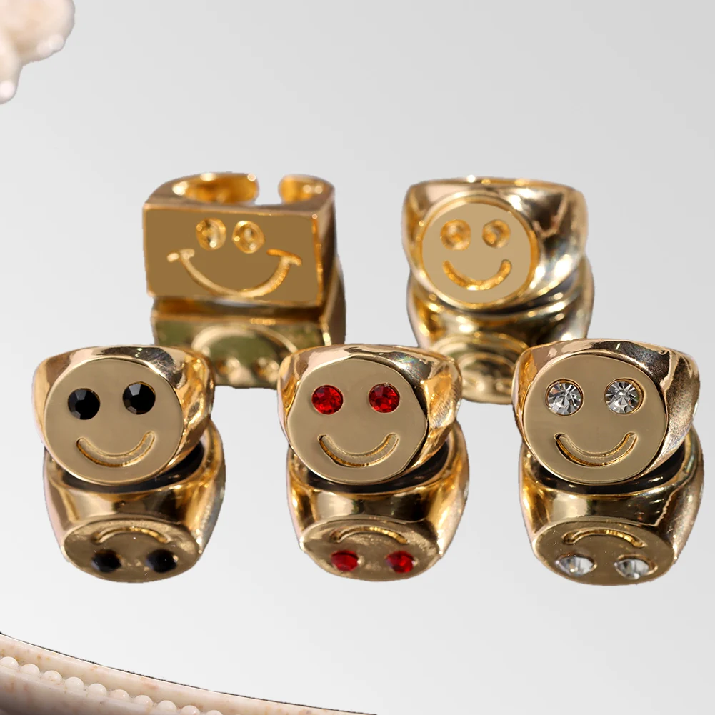 

2Pcs/Set Hip Hop Crystal Smiley Face Metal Chunky Rings Simple Geometric Gold Silver Color Open Ring Set For Women Party Jewelry