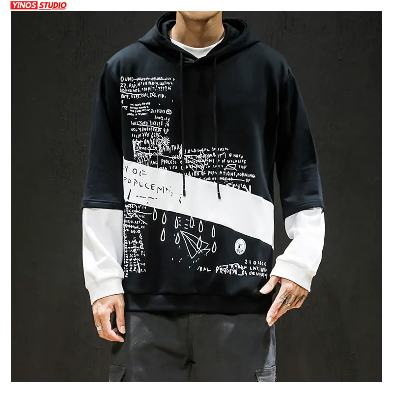 Мужская хлопковая толстовка с капюшоном Повседневный пуловер имитацией двух