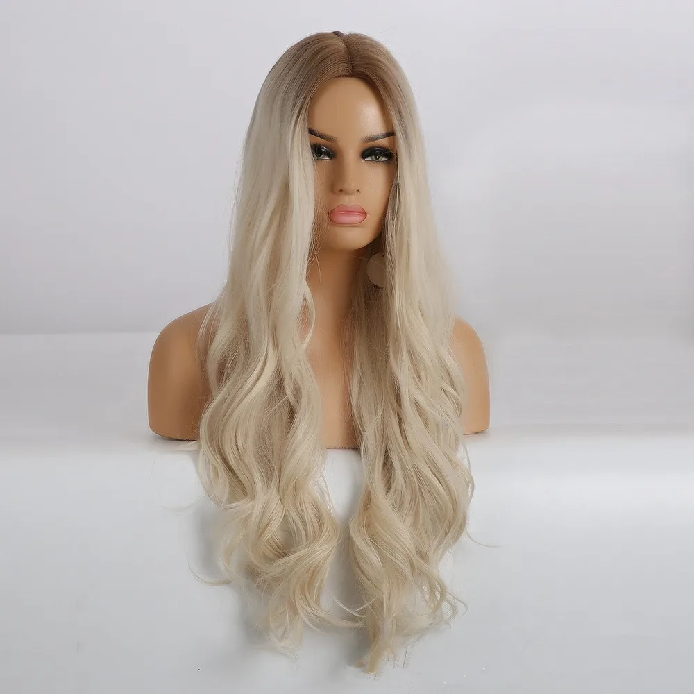 

Whites Long Wavy Synthetic Wigs with Highlights Middle Part fo Afro Women Perruque Cosplay Natural Hair Heat Resistant Fibre Wig