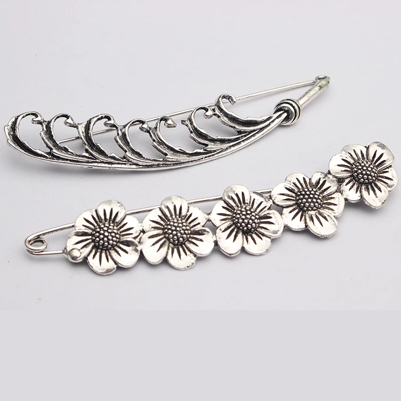 

2PCS Vintage Antique Alloy Hollow Feather/plum flower designer Brooches safty pins for women fashion charms jewelry accessories