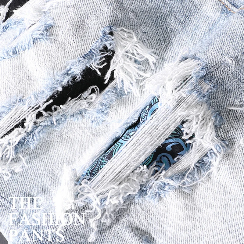 American Street Fashion Men Jeans Retro Light Blue Elastic Slim Fit Ripped Jeans Men Patches Designer Hip Hop Denim Punk Pants
