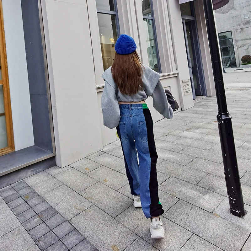 High waist Straight Pants Women Embroidered Plush smiley patch Fashion Denim Spliced Sweatpants Casual Joggers Long Trousers