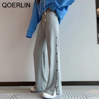qoerlin elastic waist lace up sweatpants 2022 new side button up wide leg loose casual long pants black grey trousers fashion