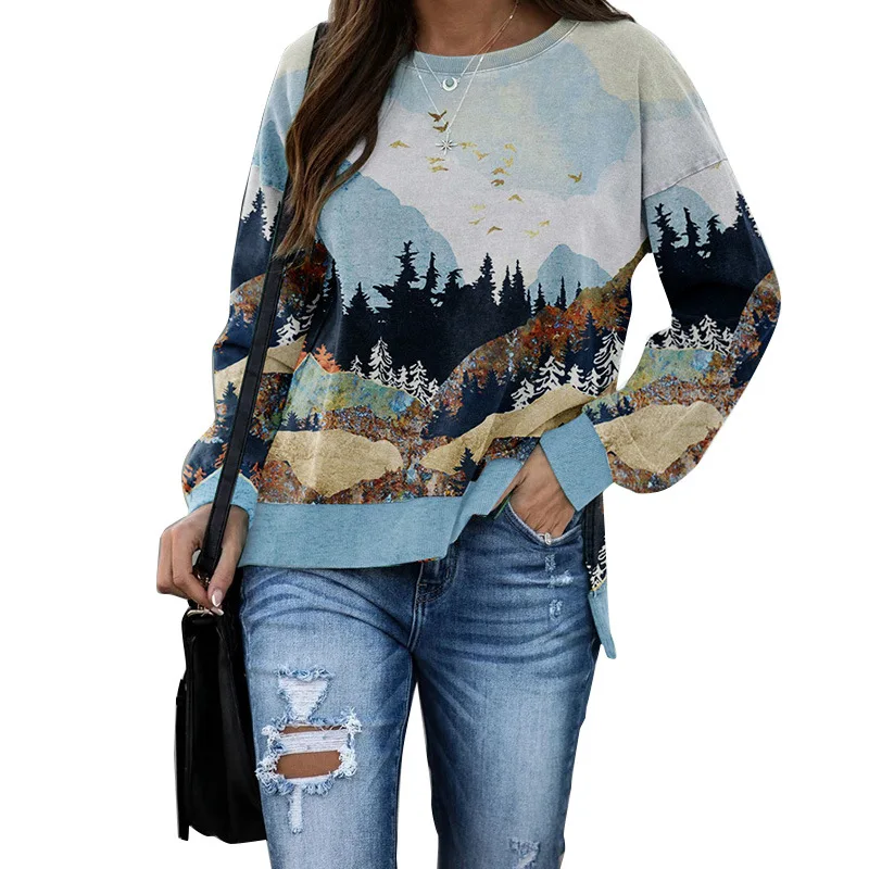 

2021 women's landscape printed round neck autumn and winter sweater sweatshirt women winter clothes women clothes