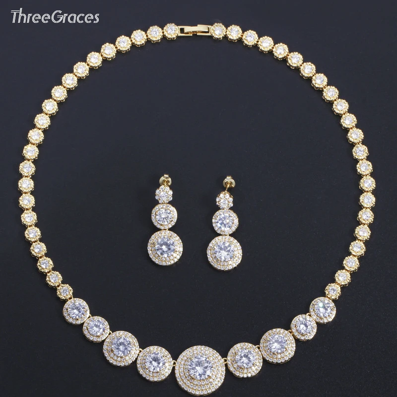 

Threegraces Delicate Cubic Zirconia Luxury Dubai Gold Color Bridal Wedding Big Round Necklace Earrings Jewelry Sets TZ545