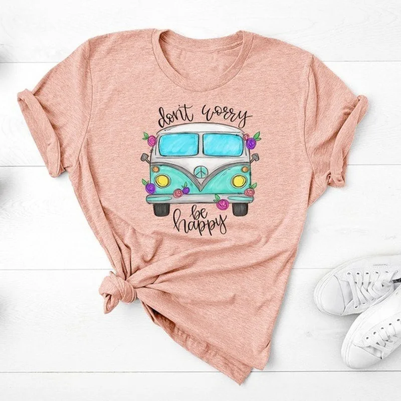 

Be Happy Bus Print T Shirt Women Short Sleeve O Neck Loose Tshirt Summer Women Tee Shirt Tops Camisetas Mujer