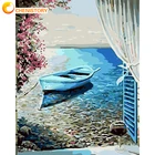 Картина по номерам CHENISTORY, голубая лодка, DIY пейзаж, ручная картина маслом 40*50, рамка, подарок для детей, искусственное украшение для дома