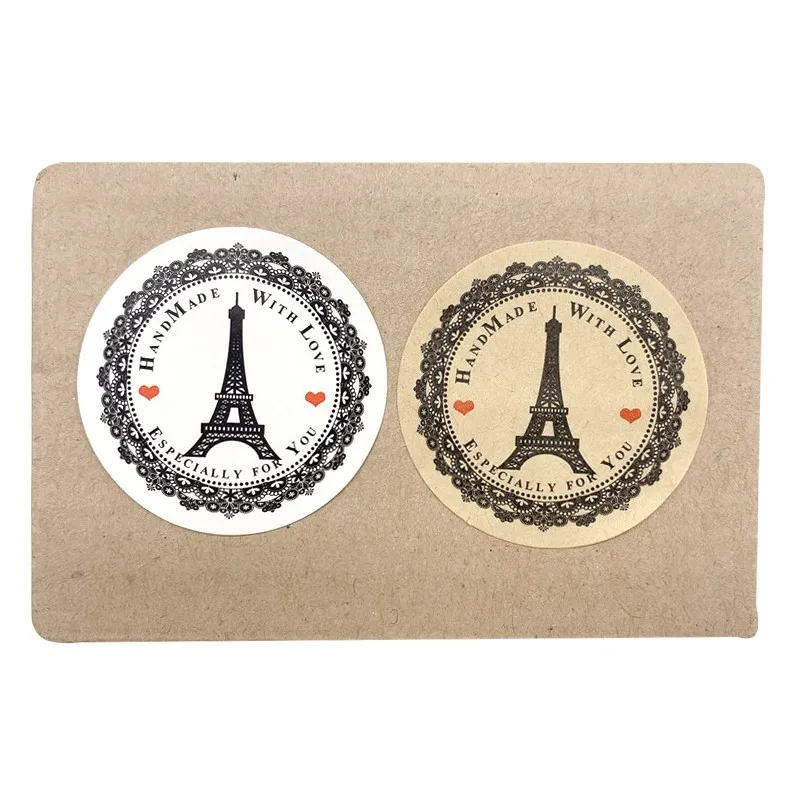 100Pcs/lot Round Handmade With Love Tower Design Kraft Label Sticker Creative DIY Decor Sticker Scrapbooking Baking Seal Sticker