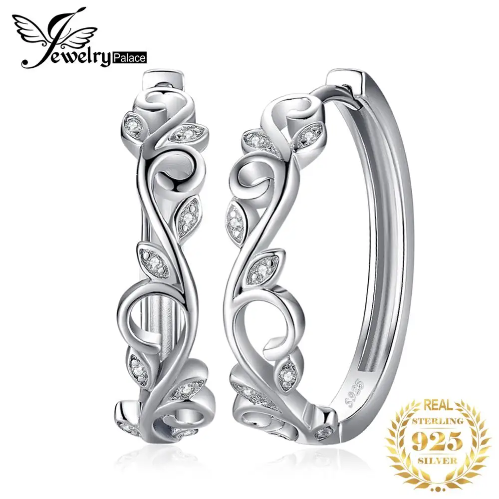 

JewelryPalace Olive Leaf Branch 925 Sterling Silver Hoop Earrings for Women Fashion Hollow Circle Cubic Zirconia Huggie Earrings