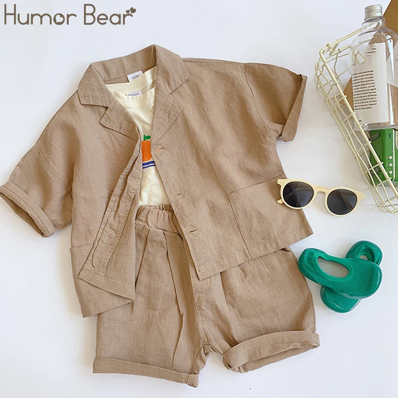 Humor Bear/Коллекция года, японский корейский стиль, хлопковая и льняная одежда для мальчиков, комплекты для детей, универсальная однобортная рубашка+ шорты, комплект из 2 предметов